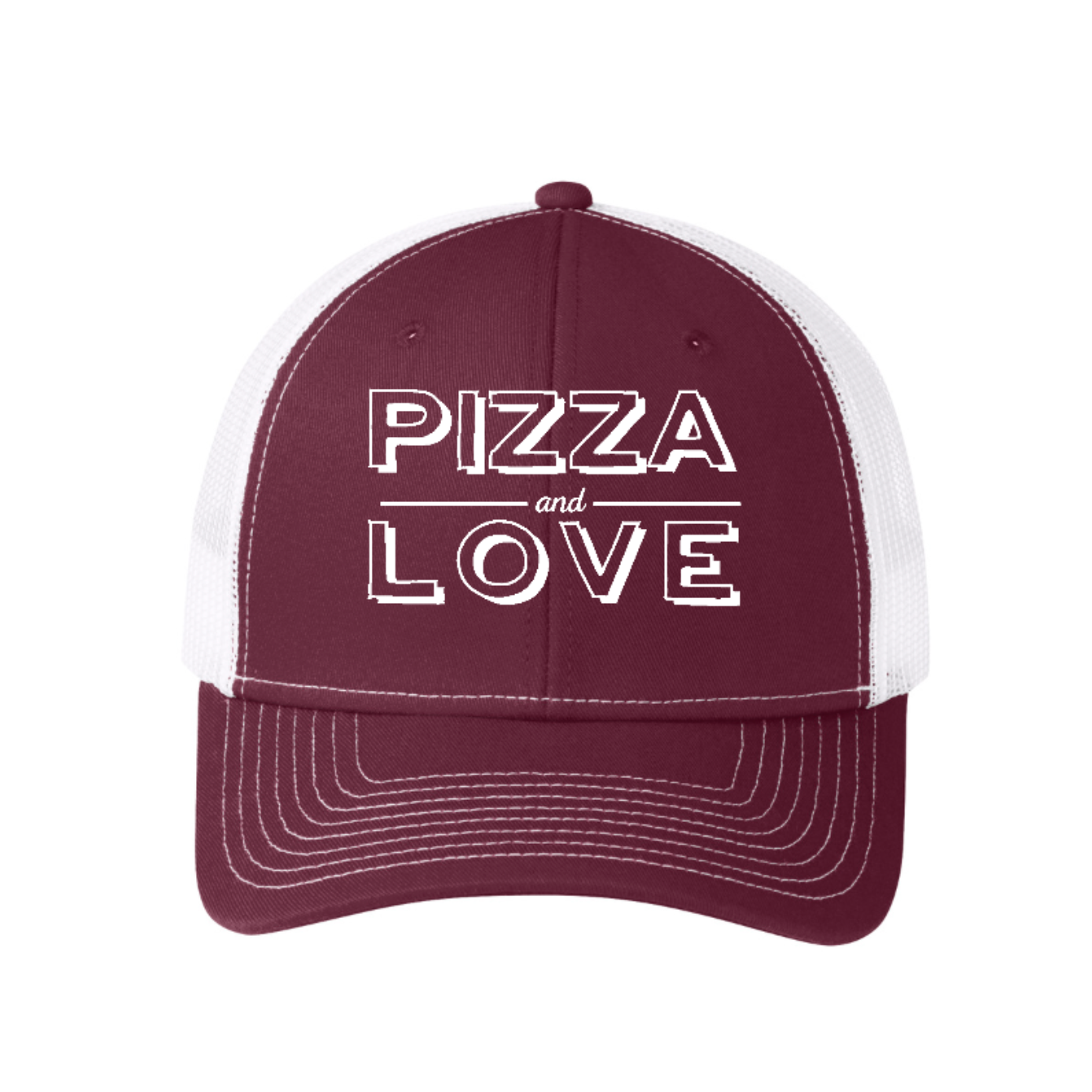 Maroon and white cap with 'Pizza and Love' text on a white background