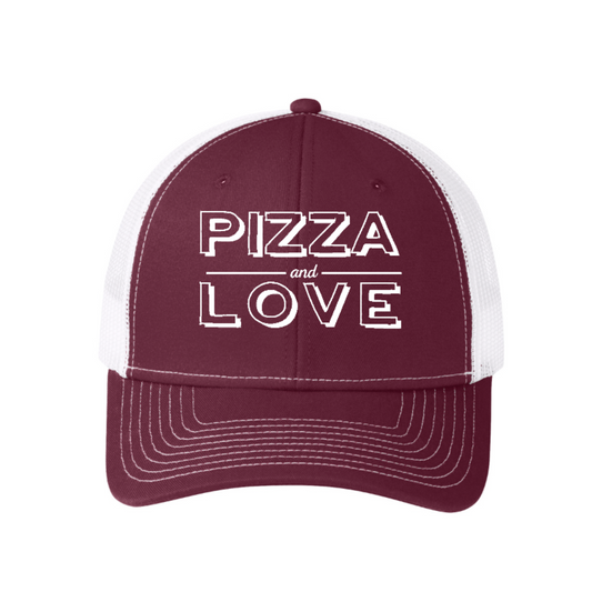 Maroon and white cap with 'Pizza and Love' text on a white background